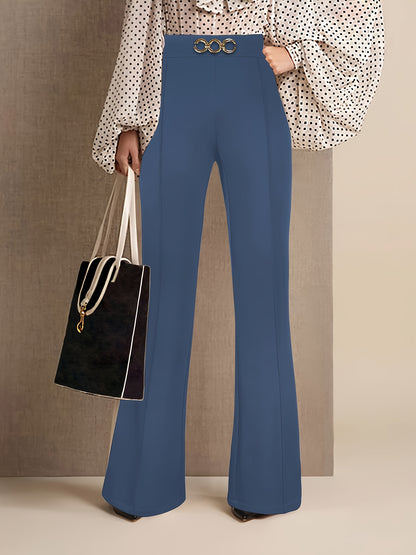 Elegant Women's Navy Blue Straight-Leg Pants with Golden Metal Accent Buttons - Chic & Versatile, High-Waisted, Polyester Blend, Machine Washable - Perfect for Work & Everyday Elegance