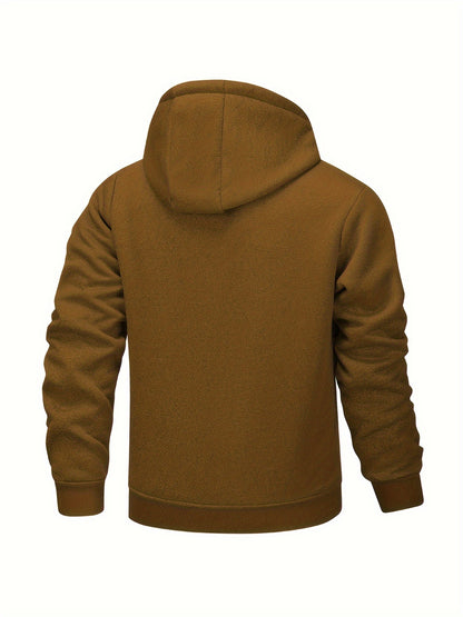 1pc Men'S Casual Style Hooded Jacket, Thick Fleece Lined, Warm Autumn/Winter Fashion, Solid Color, Polyester Knit with Pockets, Regular Fit