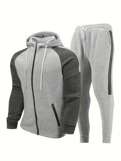 Classic Men's Athletic 2Pcs Color Block Tracksuit Set Casual Full-Zip Sweatsuits Long Sleeve Hoodie And Jogging Pants Set For Gym Workout Running