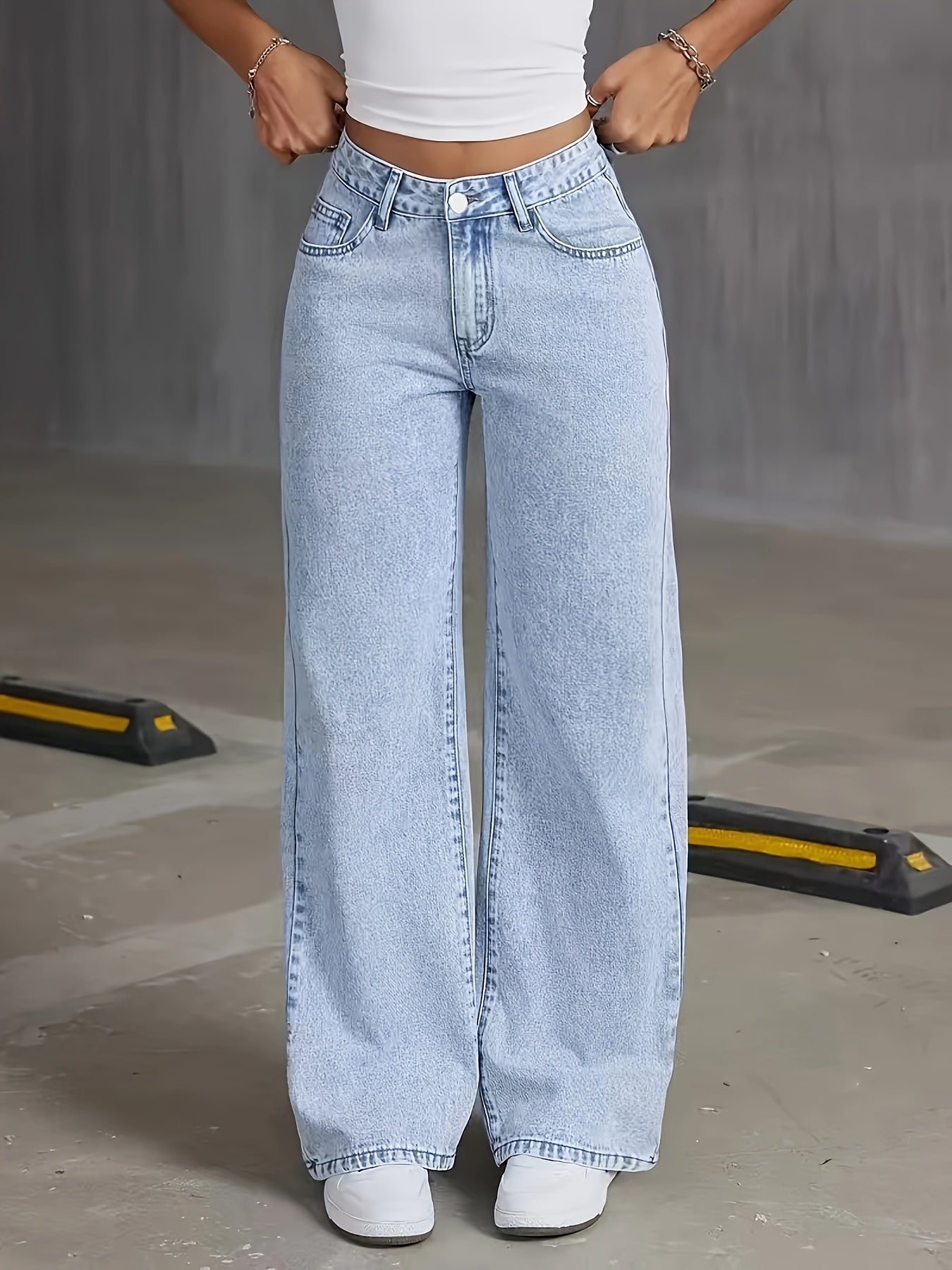 Women's High-Rise Light Wash Blue Denim Wide-Leg Pants with Butterfly Details - Street Style, Non-Stretch Fabric, Machine Washable