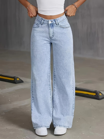 Women's High-Rise Light Wash Blue Denim Wide-Leg Pants with Butterfly Details - Street Style, Non-Stretch Fabric, Machine Washable