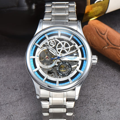Men's Business Leisure Automatic Mechanical Watch, Stainless Steel with Blue Accents, Transparent Back, Date Display, Water-Resistant up to 10m, Ideal Gift, Business Watch | Mechanical Aesthetic | Stainless Steel Band