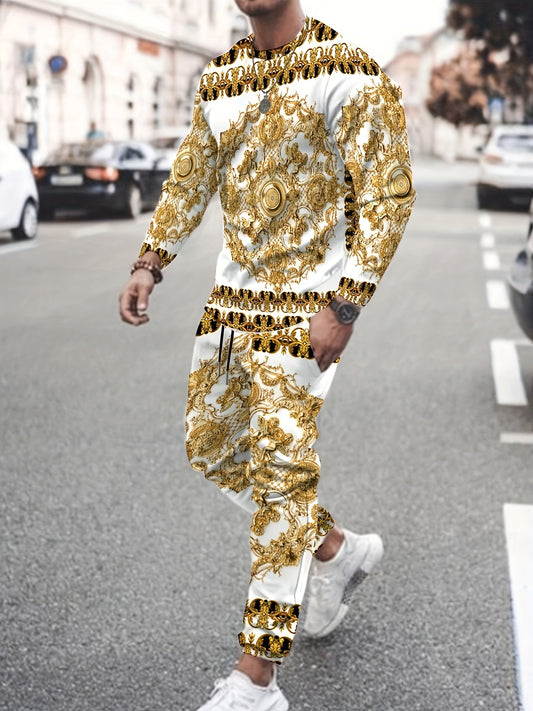 Luxury Golden Baroque Print Long Sleeve T-Shirt and Pants Set, Casual Spring/Fall Polyester Fiber, Full Print, Round Neck, Regular Fit