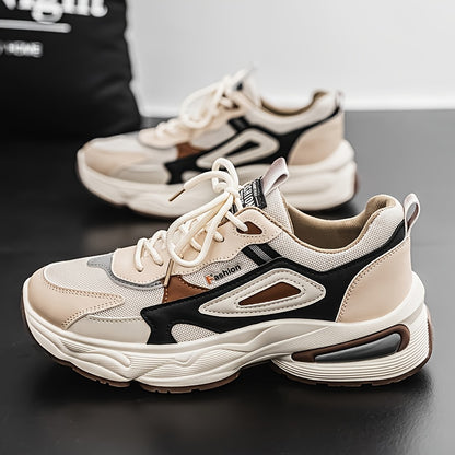 Men's Fashion Sneakers - White/Black/Brown PU Upper, Breathable Fabric Lining & Cushioned EVA Insole, Durable PVC Sole, Lace-Up Mid-Top Design for All-Season Casual & Daily Wear, High Top Sneakers, Versatile Footwear, Modern