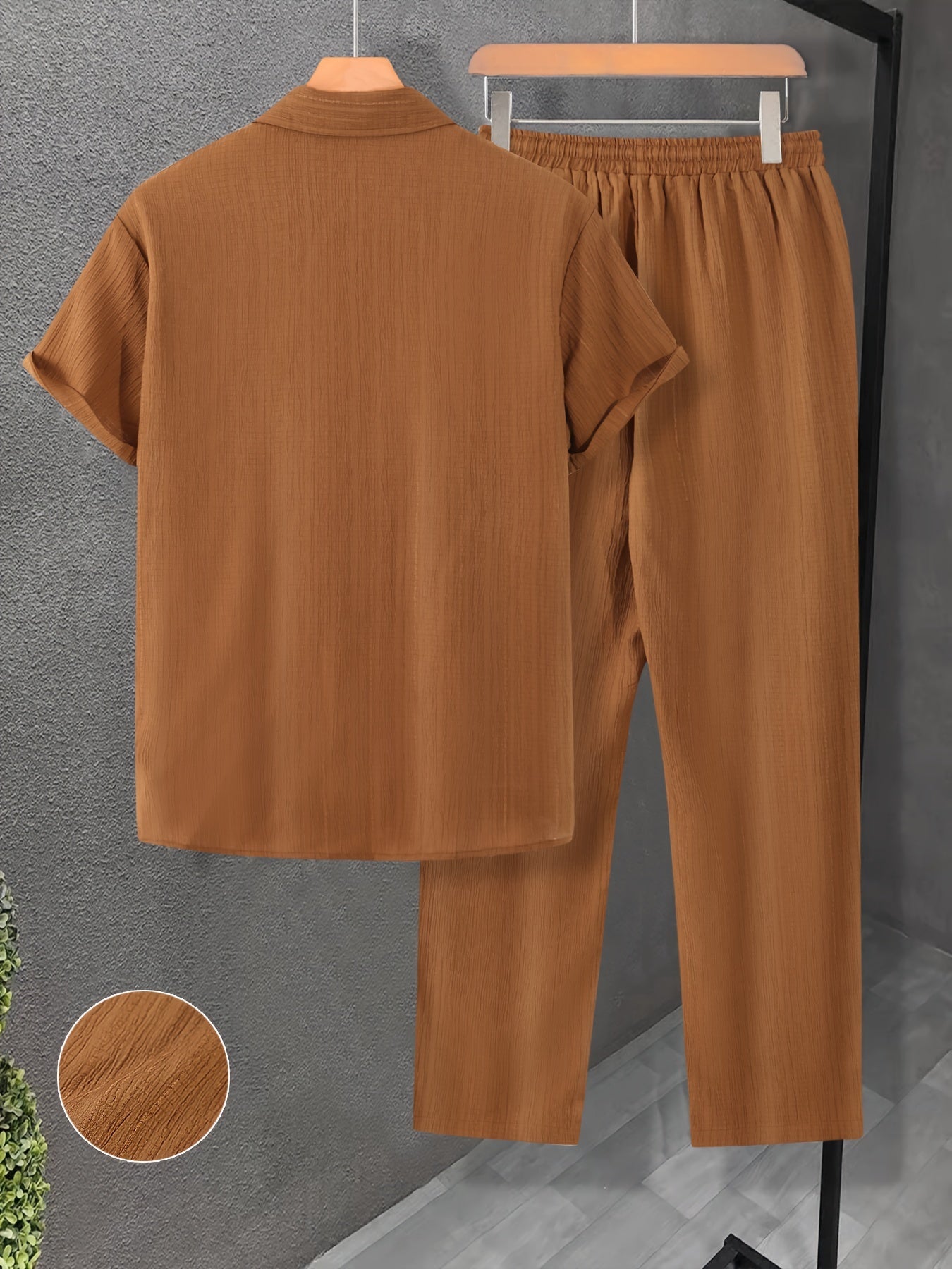 Men's Casual 2-Piece Outfit, Summer Solid Color Shirt & Pants Set, Comfy Button Up Shirt, Breathable Drawstring Pants
