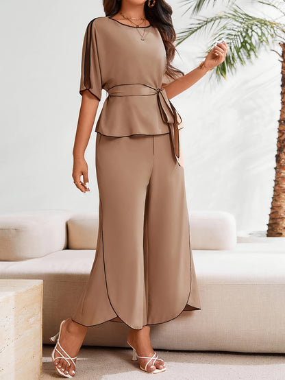 New Stylish and Elegant Solid Color Short-Sleeve Shirt Pants Set for Women
