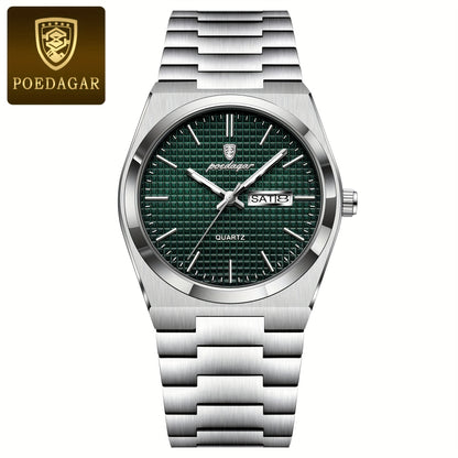 POEDAGAR Elegant Women'S Quartz Watch, Luminous Calendar, Stainless Steel Band, Round Alloy Case, Fashionable Night-Glowing Dial with Blue & Orange Accents