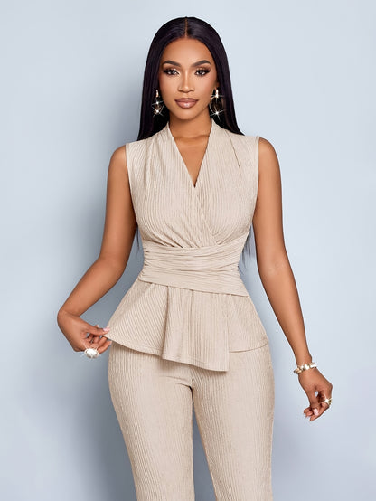 Women'S Elegant Beige V-Neck Sleeveless Top + Wide-Leg Pants Two-Piece Set, Asymmetrical Hem Two-Piece Casual Attire for Women, Spring And Summer Sleeveless Short Shirt Outfit, Office Wear for Mature Women, Business Casual St