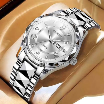Elegant Men's Stainless Steel Watch with Dual Calendar, Luminous Display & Rhinestone Accents - Perfect for Business or Casual Wear