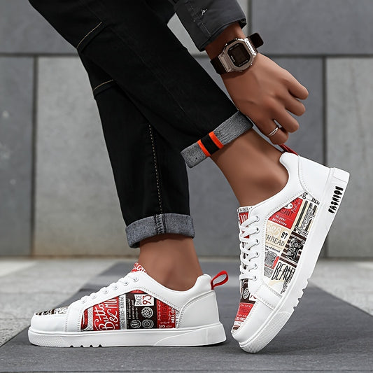 Men's Casual Sneakers with Vintage Beverage Label Print - White & Red Accents, Breathable PU Upper & EVA Cushioned Sole, Low-Top Lace-Up Design for All-Season Comfort, Urban Streetwear Style, Comfortable Footwear | Fabric Lin