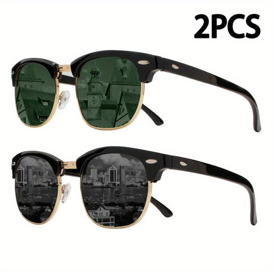 2pcs ZXRCYYL Designer Semi-Frame Fashion Glasses for Women & Men - Vintage Black & Golden Metal Frame with Green Tinted Decorative Lenses, Lightweight Retro Urban Cityscape Print, Half-Rim Fashion Accessories, Stylish Glasses