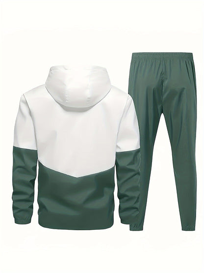 2pcs Men's Hooded Tracksuit - Lightweight Polyester Active Wear Set For Spring/Autumn With Pockets, Long Sleeve Jacket And Jogger Pants
