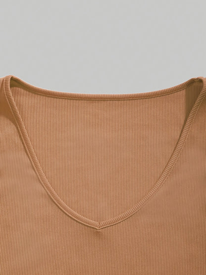 Women'S Stretchy V-Neck Ribbed Crop Top - Beige Casual Summer Blouse with Puff Sleeves, High Waist White Pants & Golden Belt, Stylish Layering Piece, Crop Top Blouse