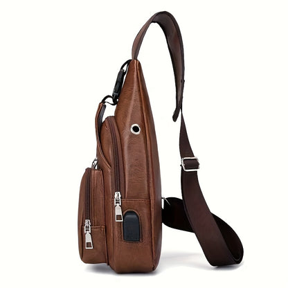2025 New Men'S Fashion Chest Bag - Soft Faux Leather Anti-Theft Crossbody Bag with Multiple Compartments, Adjustable Strap & Zipper Closure for Gym, Travel, Casual Outings (Brown), Secure Travel Pouch, Textured Finish