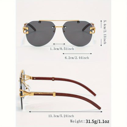 A Pair of Men'S Golden Double-Bridge Frameless Oval Glasses with Leopard Decoration And Faux Wood Grain, Stylish Unisex Eyewear.