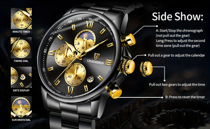 LIGE Black Blue Quartz Watch with Calendar, Exquisite & Simple Dial Stainless Steel Strap Multiple Colors High-quality Wrist Watch