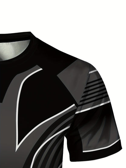 Men'S Slim Fit Breathable T-Shirt with Intricate Black & White Geometric Print - Moisture-Wicking Polyester-Spandex Blend, Machine Washable, Round Neck Short Sleeve for Summer Casual Wear, Gym, Hiking & Outdoor Activities