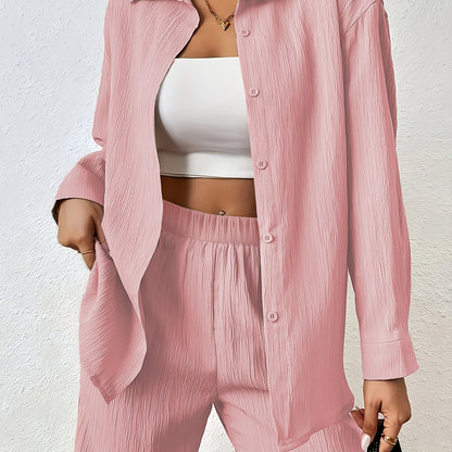 Women'S Casual Solid Color Long Sleeve Shirt + Long Pants 2pcs Set for Spring And Autumn.