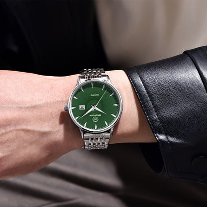 MAOYUAN Men'S Luxury Stainless Steel Quartz Watch with Date Display and Luminescent Hands - Elegant Green Dial, Metal Bracelet, Perfect for Business and Casual Attire, Ideal Gift for Men, Casual Watch | Elegant Watch | Quartz