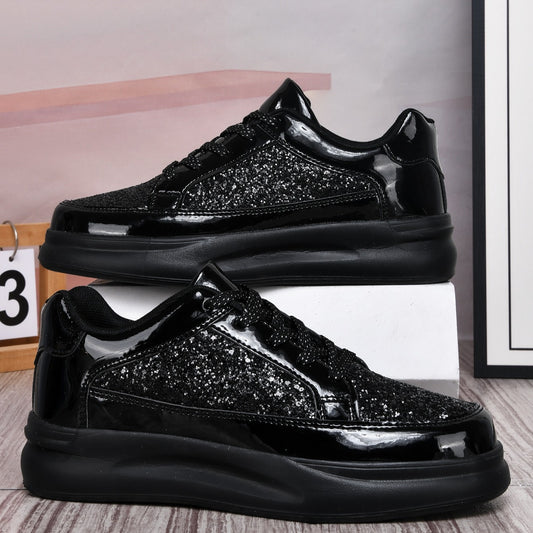 Men's Low-Top Casual Sneakers - Black Sparkling Embellishments, Breathable PU Upper & EVA Cushioned Sole, Lace-Up Comfortable Walking Shoes for Men & Women, Comfortable Footwear | Sleek Shoe Design | Flexible Footwear