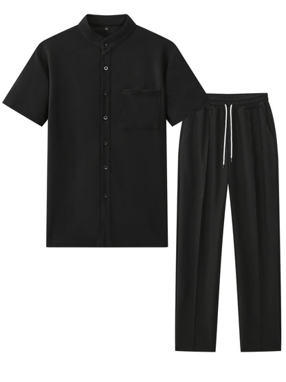 Men'S Two-Piece Set Featuring a Short-Sleeve Cardigan with Pockets And Drawstring Pocket Long Pants, Perfect for a Clean And Comfortable Summer.