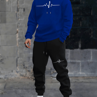 1set Men'S Casual Geometric Heartbeat Pattern Hoodie and Sweatpants Set, Polyester and Spandex Blend, Loose Fit, Hooded Pullover for Autumn/Winter