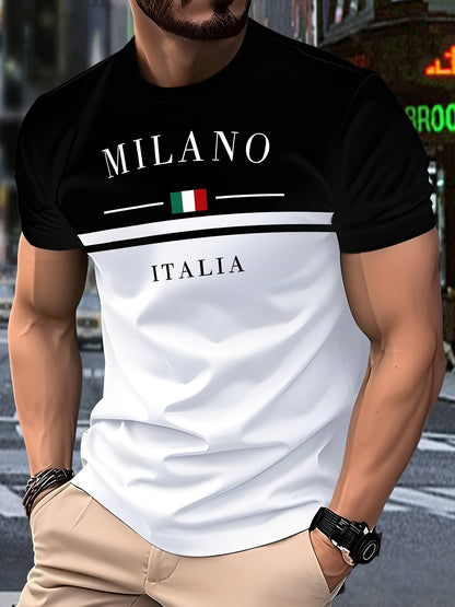 Men's casual short-sleeve round-neck striped polyester knit T-shirt, breathable, 110g/m², slightly stretchy, regular fit, smooth texture, suitable for summer weekend wear