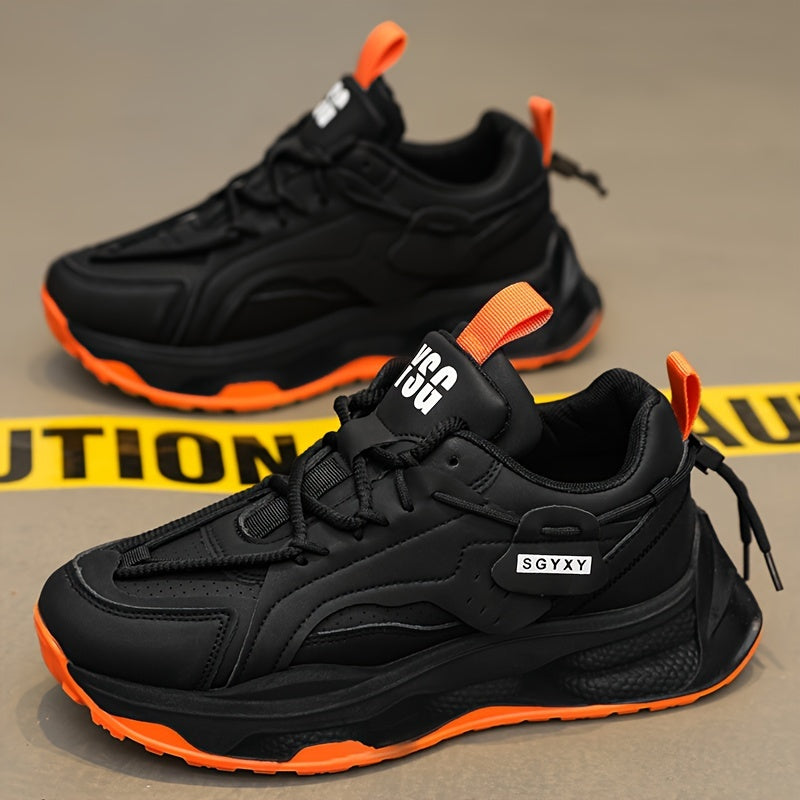 Men's Trendy Solid Colour Chunky Sneakers, Comfy Non Slip Durable Lace Up Soft Sole Shoes For Men's Outdoor Activities