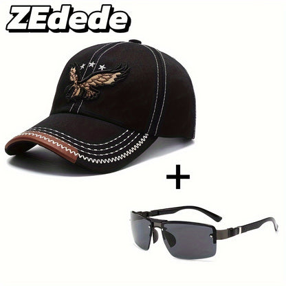 2pcs ZDEDE 3D Eagle Embroidered Baseball Cap - Stylish & Durable Adjustable Snapback Hat with Faux Leather Patch, Black Polyester for Outdoor Sports & Casual Wear - Perfect for Men & Women