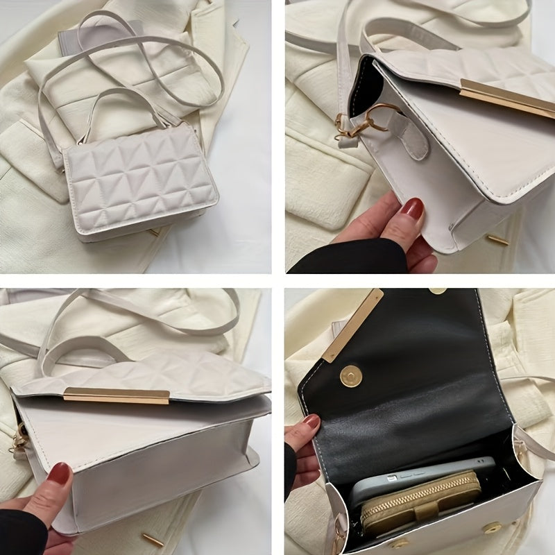 Diamond Quilted Pattern, Adjustable Shoulder Strap Fashion Small PU Crossbody Bag - White, Black, Khaki, Sky Blue, Messenger Bag, Lightweight, Removable Strap, Zipper Closure, Polyester Lining, No Printing, No Edge Paint