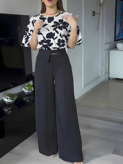 Women's Elegant Printed Short Sleeve Round Neck Shirt and Long Pants Set