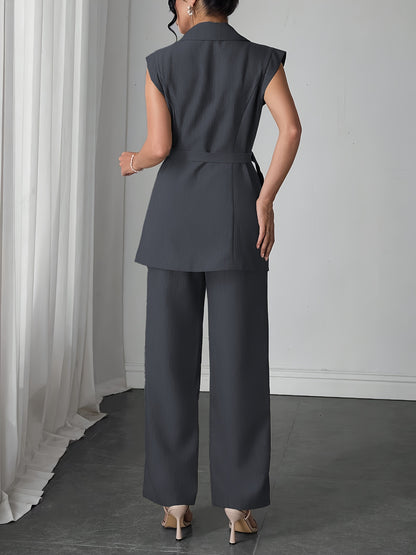 Stylish Women'S Elegant Modern Two-Piece Set with Side-Waist Design, Solid Color Sleeveless Jacket and Pants for Spring/Summer
