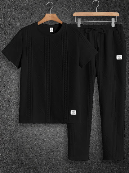 Men'S Textured Round Neck Short Sleeve Pullover & Woven Pants Pajama Set - Brown, Casual Home Wear with Drawstring Waist, Summer Comfort, Everyday Pajamas | Casual Style | Comfortable Fit, Pajamas