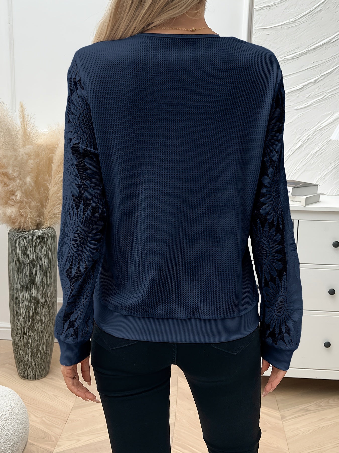 Guipure Lace V-neck T-Shirt, Elegant Long Sleeve Floral Pattern Mesh Splicing T-Shirt For Spring & Fall, Women's Clothing