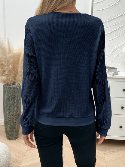 Guipure Lace V-neck T-Shirt, Elegant Long Sleeve Floral Pattern Mesh Splicing T-Shirt For Spring & Fall, Women's Clothing