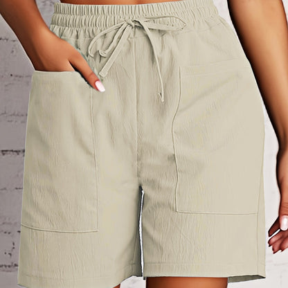 Women's Beige Cargo Shorts - Casual & Stylish, Solid Color with Drawstring Waist and Pockets, Polyester Blend, Machine Washable, All-Season Comfort