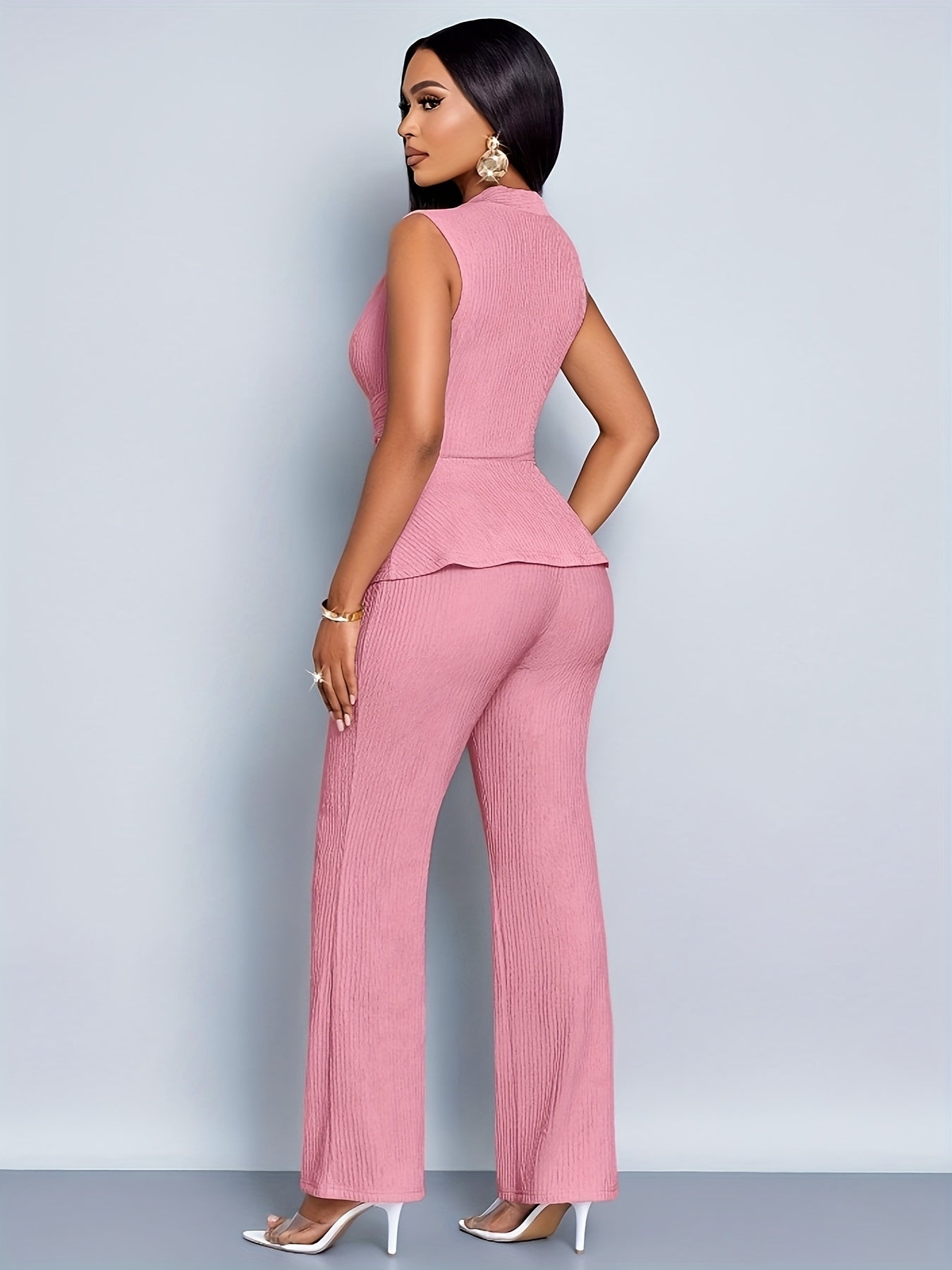Elegant Women'S Two-Piece Set, Sleeveless V-Neck Top & Wide-Leg Pants, Solid Color, Asymmetrical Design, All-Season Casual Wear, Casual Attire | Asymmetrical Top | Wideleg Pants