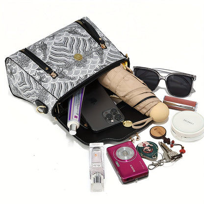 Elegant Floral Embroidered Handbag for Women - Adjustable Strap, Zipper Closure, Polyester Lining, Black & White Floral Pattern, Perfect Gift for Mom Or Family, Small Crossbody Purse, Stylish Accessory, Durable Construction