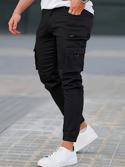 Men's Solid Color Multi-pocket Cargo Pants With Drawstrings, Casual Stylish Sports Trousers As Gift