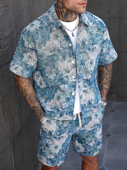 Men'S Summer Casual Short Sleeve Shirt & Shorts Set - Tropical Print, Loose Fit, Button-Up with Collar, Lightweight Polyester Fabric for Outdoor & Leisure Activities, Summer Casual Wear | Tropical Print Shirt | Lightweight Fa