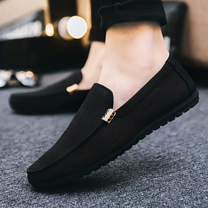 Canvas Loafers - Slip-On Shoe Style with Golden Emblem, Comfortable Non-Slip Sole, Suitable for Driving & Daily Office Use