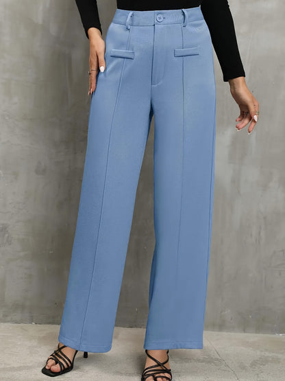 Women's Elegant High-Waist Light Blue Straight-Leg Pants - Polyester, Machine Washable, Faux Pocket Detail, Ideal for Fall/Winter, Autumn Winter Clothing | Elegant Casualwear | Smooth Texture