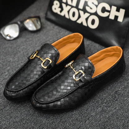 Men's Slip-On Loafers - Black & Tan Casual Shoes with Golden-Tone Metal Accents, Round Toe Comfort, All-Season Versatile for Office & Social Events, Casual Attire, Elegant Style, Premium Material, Modern Gentlemen
