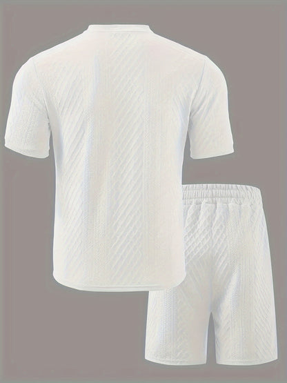 Two-Piece Set, Men'S Summer Outfit, Jacquard Set, Round Neck Short Sleeve, Drawstring Shorts, High Weight Fabric, Casual Ensemble.