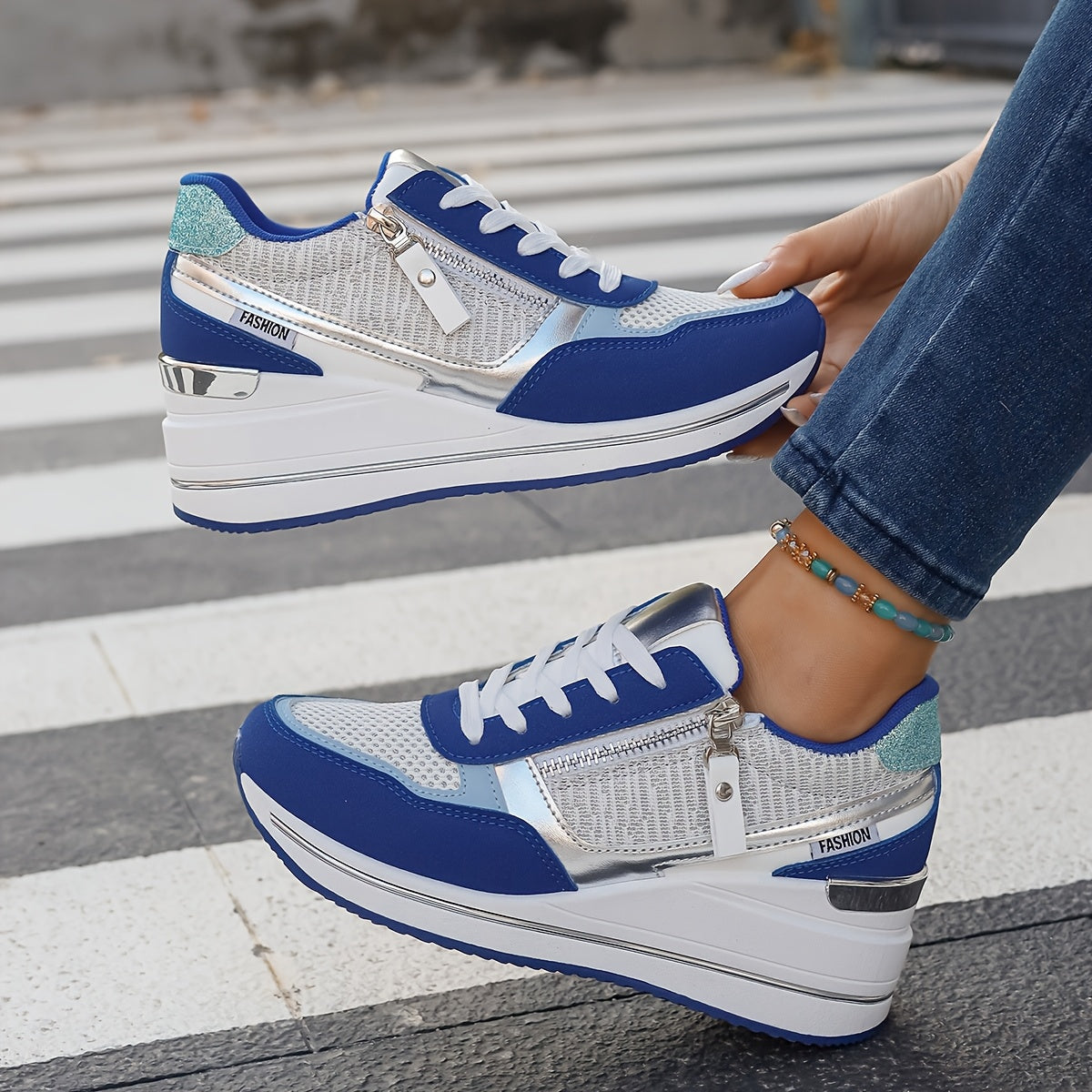 Women'S Fashionable Atmospheric Casual Shoes, Thickened Heightened Non-Slip Anti-Slippery Durable, Blue, with Stabilizing Support, Mesh Fabric Upper, Man Made Materials (Polyurethane) Upper, Fabric Inner, PVC Sole, Fabric Ins