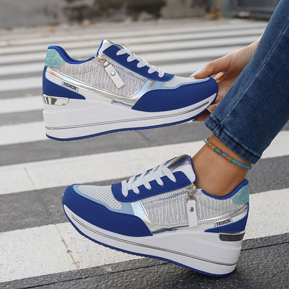 Women'S Fashionable Atmospheric Casual Shoes, Thickened Heightened Non-Slip Anti-Slippery Durable, Blue, with Stabilizing Support, Mesh Fabric Upper, Man Made Materials (Polyurethane) Upper, Fabric Inner, PVC Sole, Fabric Ins