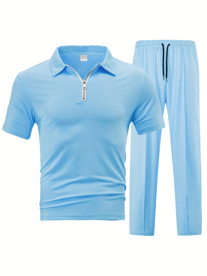 Men'S Casual 2pcs Set Knitted: Zipper Short Sleeve Shirt and Drawstring Pants - Black, Polyester, Suitable for Spring/Summer Casual Wea