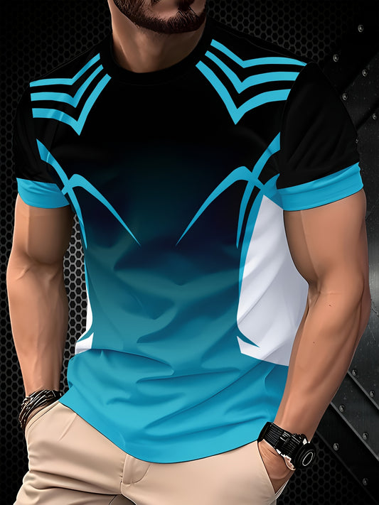 Men'S 3D Printed Graphic T-Shirt - Black, Blue & White, Short Sleeve, Round Neck, Casual Fit, All-Season Wear, Casual Attire | Modern Graphic Tee | Comfortable Fit, PLUS SIZE