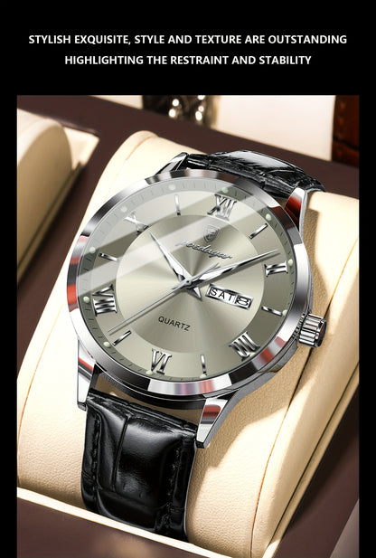 Luxury Leather Strap Men's Watch Waterproof Luminous Calendar Week Wristwatch Simple Business Fashion Sports Men's Watch