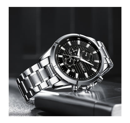 CRRJU Fashion Men's Watch, Business Solid Stainless Steel Multifunctional Chronograph Watch